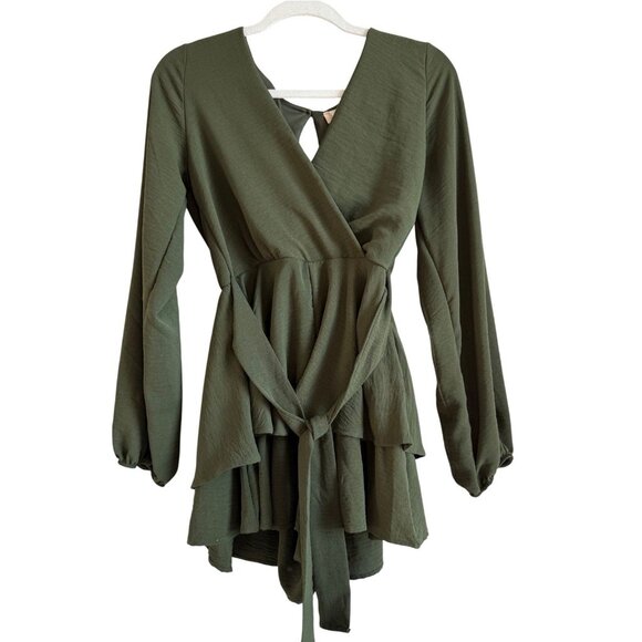 Altar'd State Women Sz M Olive Plunge Neck Long Sleeve Layered Romper Tie Waist - Picture 1 of 11